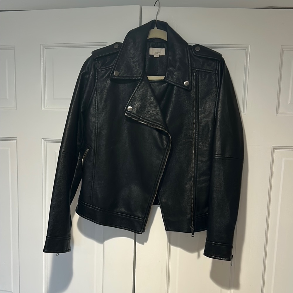 LOFT Black Leather Moto Jacket with Zippered Details